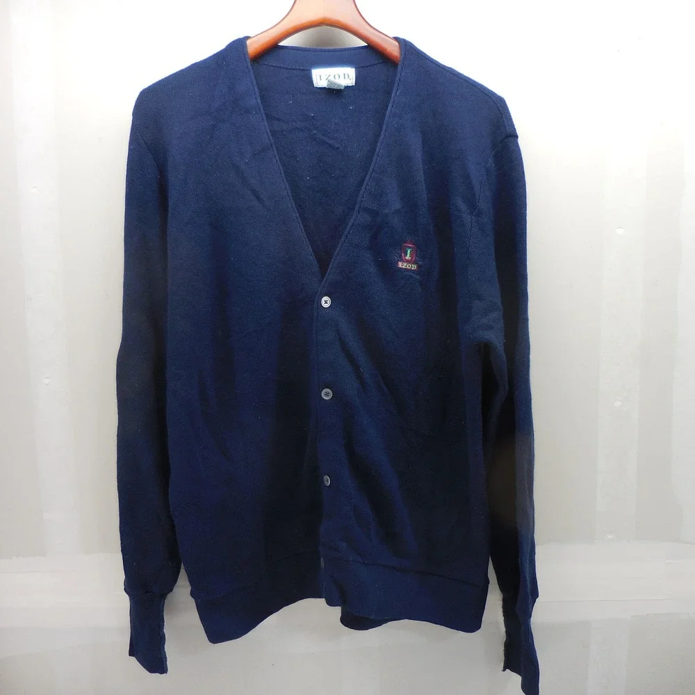 Vintage Izod Cardigan Sweater Mens XL Navy Blue Acrylic Knit V-Neck Button Front